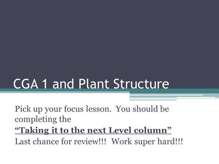CGA 1 and Plant Structure Pick up your focus lesson. You should be completing the “Taking it to the next Level column” Last chance for review!!! Work super.