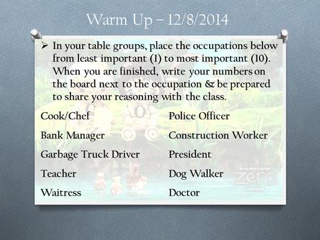 Warm Up – 12/8/2014  In your table groups, place the occupations below from least important (1) to most important (10). When you are finished, write your.
