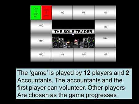 The ‘game’ is played by 12 players and 2 Accountants. The accountants and the first player can volunteer. Other players Are chosen as the game progresses.