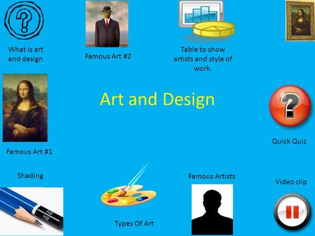Art and Design What is art and design Quick Quiz Video clip Table to show artists and style of work. Types Of Art Shading Famous Art #1 Famous Artists.