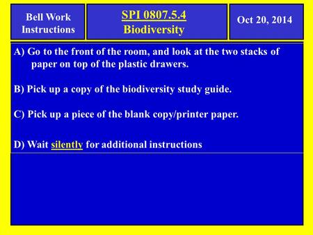 Bell Work Instructions A) Go to the front of the room, and look at the two stacks of paper on top of the plastic drawers. B) Pick up a copy of the biodiversity.