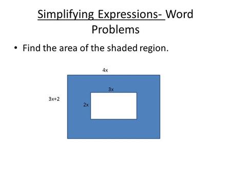 Simplifying Expressions- Word Problems Find the area of the shaded region. 4x 3x+2 3x 2x.