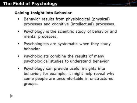 The Field of Psychology Gaining Insight into Behavior Behavior results from physiological (physical) processes and cognitive (intellectual) processes.