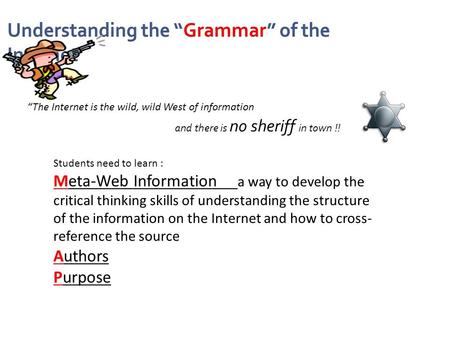 Understanding the “Grammar” of the Internet “The Internet is the wild, wild West of information Students need to learn : Meta-Web Information a way to.