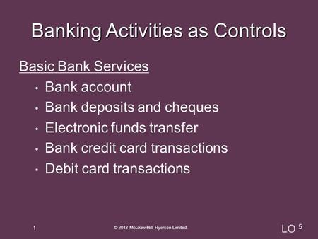 Basic Bank Services Bank account Bank deposits and cheques Electronic funds transfer Bank credit card transactions Debit card transactions 1 © 2013 McGraw-Hill.