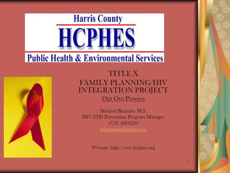 1 TITLE X FAMILY PLANNING/HIV INTEGRATION PROJECT Opt Out Process Michael Brannon M.S. HIV/STD Prevention Program Manager (713) 439-6295