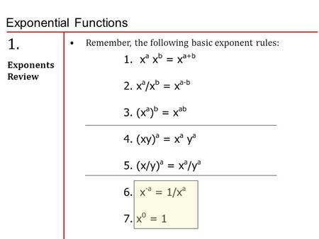 Exponential Functions 1. Exponents Review Remember, the following basic exponent rules: