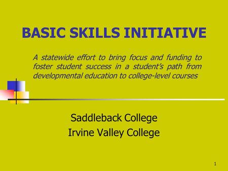 1 BASIC SKILLS INITIATIVE A statewide effort to bring focus and funding to foster student success in a student’s path from developmental education to college-level.