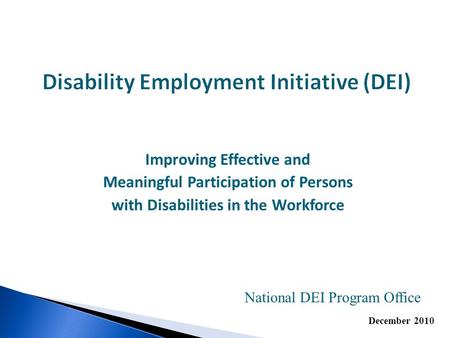 Improving Effective and Meaningful Participation of Persons with Disabilities in the Workforce December 2010 National DEI Program Office.