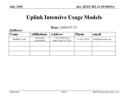 Submission Rolf de Vegt, Qualcomm, et al. July 2009 doc.:IEEE 802.11-09/0849r1 Slide 1 Uplink Intensive Usage Models Date: 2009-07-15 Authors: