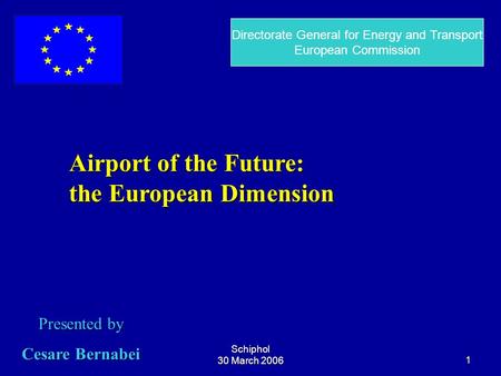 Schiphol 30 March 20061 Airport of the Future: the European Dimension Presented by Cesare Bernabei Directorate General for Energy and Transport European.