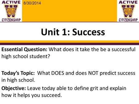 8/30/2014 Unit 1: Success Essential Question: What does it take the be a successful high school student? Today’s Topic: What DOES and does NOT predict.