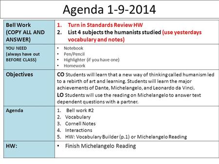 Agenda 1-9-2014 1 Bell Work (COPY ALL AND ANSWER) 1.Turn in Standards Review HW 2.List 4 subjects the humanists studied (use yesterdays vocabulary and.