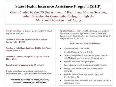 State Health Insurance Assistance Program (SHIP) Grant funded by the US Department of Health and Human Services, Administration for Community Living through.