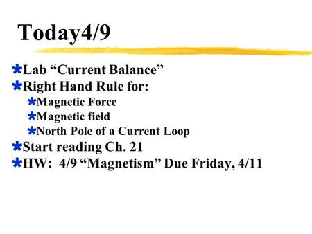 Today4/9 Lab “Current Balance” Right Hand Rule for: