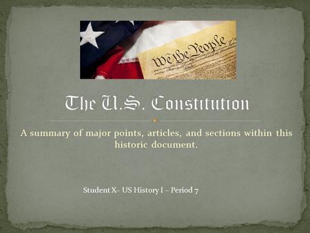A summary of major points, articles, and sections within this historic document. Student X– US History I – Period 7.