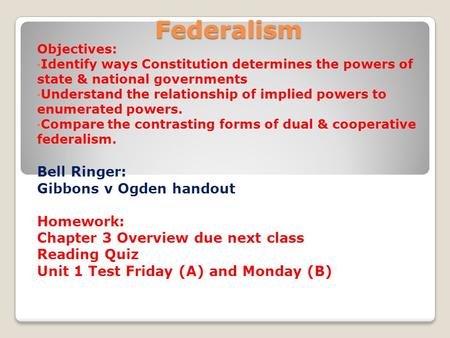 Federalism Bell Ringer: Gibbons v Ogden handout Homework: