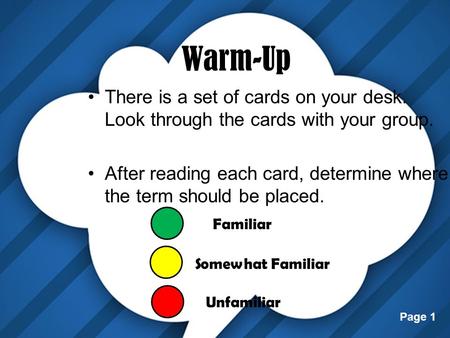 Page 1 Warm-Up There is a set of cards on your desk. Look through the cards with your group. After reading each card, determine where the term should be.