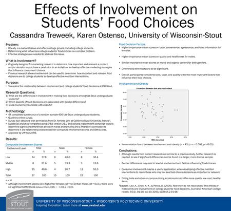 Effects of Involvement on Students’ Food Choices Cassandra Treweek, Karen Ostenso, University of Wisconsin-Stout Problem: Obesity is a national issue and.