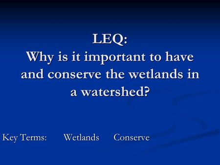 LEQ: Why is it important to have and conserve the wetlands in a watershed? Key Terms: Wetlands Conserve.
