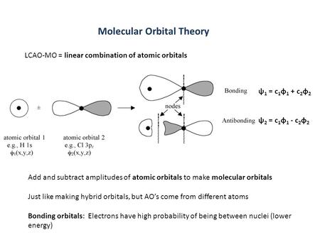Ψ 1 = c 1 φ 1 + c 2 φ 2 ψ 2 = c 1 φ 1 - c 2 φ 2 Molecular Orbital Theory LCAO-MO = linear combination of atomic orbitals Add and subtract amplitudes of.