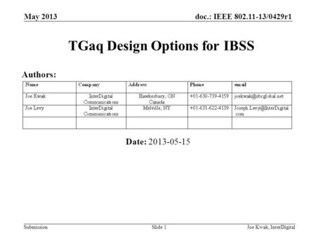 Doc.: IEEE 802.11-13/0429r1 Submission TGaq Design Options for IBSS Date: 2013-05-15 May 2013 Joe Kwak, InterDigitalSlide 1 Authors: