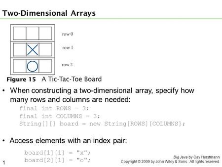 When constructing a two-dimensional array, specify how many rows and columns are needed: final int ROWS = 3; final int COLUMNS = 3; String[][] board =
