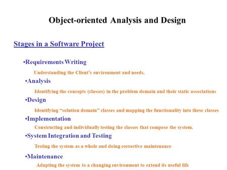 Object-oriented Analysis and Design Stages in a Software Project Requirements Writing Analysis Design Implementation System Integration and Testing Maintenance.