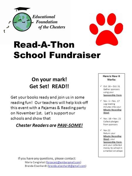 On your mark! Get Set! READ!! Get your books ready and join us in some reading fun! Our teachers will help kick-off this event with a Pajamas & Reading.
