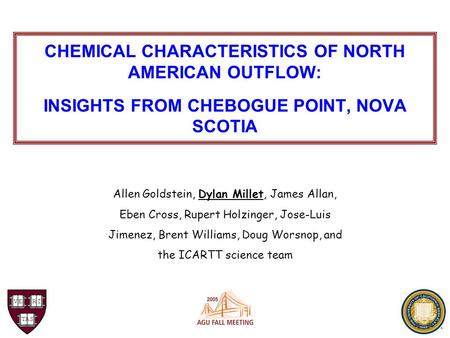CHEMICAL CHARACTERISTICS OF NORTH AMERICAN OUTFLOW: INSIGHTS FROM CHEBOGUE POINT, NOVA SCOTIA Allen Goldstein, Dylan Millet, James Allan, Eben Cross, Rupert.