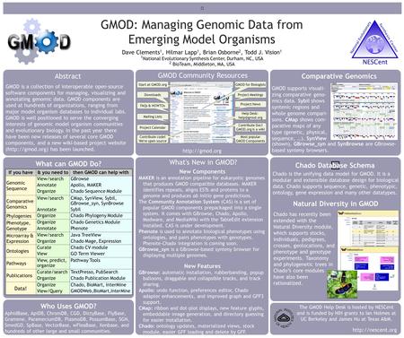 GMOD: Managing Genomic Data from Emerging Model Organisms Dave Clements 1, Hilmar Lapp 1, Brian Osborne 2, Todd J. Vision 1 1 National Evolutionary Synthesis.