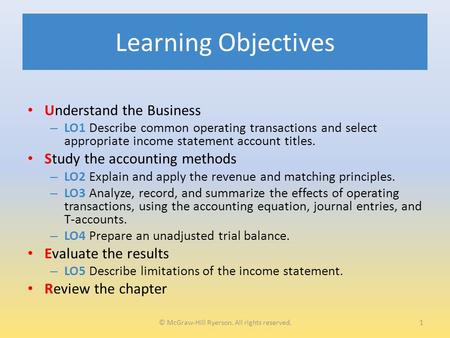 Learning Objectives Understand the Business – LO1 Describe common operating transactions and select appropriate income statement account titles. Study.