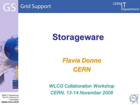 CERN IT Department CH-1211 Geneva 23 Switzerland www.cern.ch/i t Storageware Flavia Donno CERN WLCG Collaboration Workshop CERN, 13-14 November 2008.
