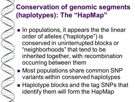 Conservation of genomic segments (haplotypes): The “HapMap” n In populations, it appears the the linear order of alleles (“haplotype”) is conserved in.