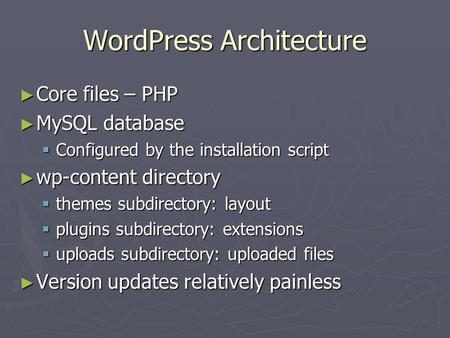 WordPress Architecture ► Core files – PHP ► MySQL database  Configured by the installation script ► wp-content directory  themes subdirectory: layout.