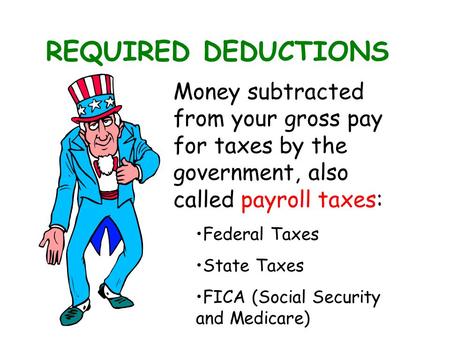REQUIRED DEDUCTIONS Money subtracted from your gross pay for taxes by the government, also called payroll taxes: Federal Taxes State Taxes FICA (Social.