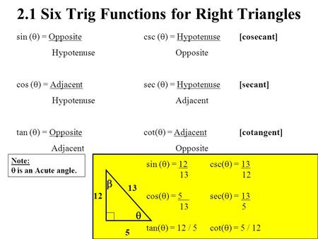 2.1 Six Trig Functions for Right Triangles