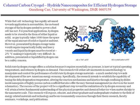 Coherent Carbon Cryogel – Hydride Nanocomposites for Efficient Hydrogen Storage Guozhong Cao, University of Washington, DMR 0605159 Solid state hydrogen.