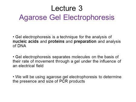 Lecture 3 Agarose Gel Electrophoresis Gel electrophoresis is a technique for the analysis of nucleic acids and proteins and preparation and analysis of.