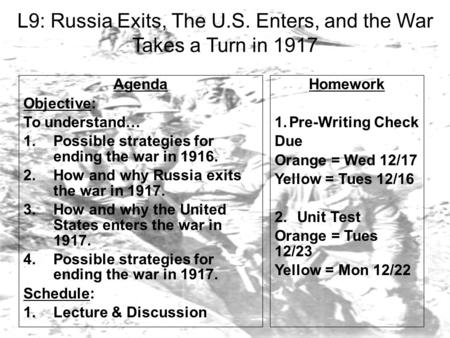 L9: Russia Exits, The U.S. Enters, and the War Takes a Turn in 1917 Agenda Objective: To understand… 1.Possible strategies for ending the war in 1916.