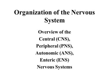 Organization of the Nervous System Overview of the Central (CNS), Peripheral (PNS), Autonomic (ANS), Enteric (ENS) Nervous Systems.