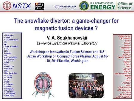 The snowflake divertor: a game-changer for magnetic fusion devices ? V. A. Soukhanovskii Lawrence Livermore National Laboratory Workshop on Innovation.