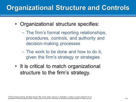 Organizational Structure and Controls Organizational structure specifies: –The firm’s formal reporting relationships, procedures, controls, and authority.