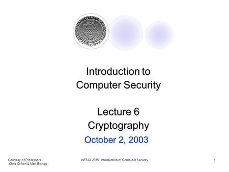 Courtesy of Professors Chris Clifton & Matt Bishop INFSCI 2935: Introduction of Computer Security1 October 2, 2003 Introduction to Computer Security Lecture.