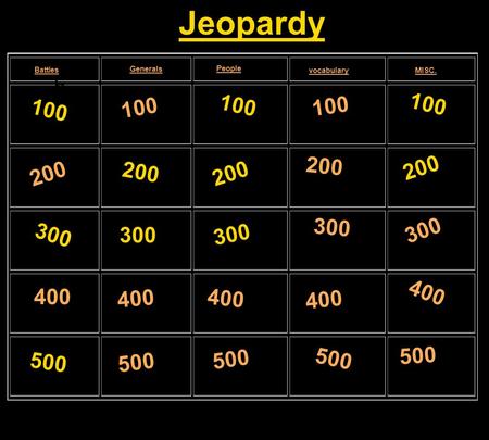 100 Jeopardy 200 300 400 500 200 300 400 500 Battles Generals People vocabularyMISC. b.
