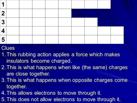 1 2 3 4 5 Clues 1.This rubbing action applies a force which makes insulators become charged. 2.This is what happens when like (the same) charges are close.