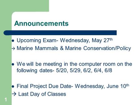 Announcements Upcoming Exam- Wednesday, May 27 th  Marine Mammals & Marine Conservation/Policy We will be meeting in the computer room on the following.