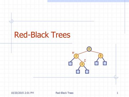 10/20/2015 2:03 PMRed-Black Trees1 6 3 8 4 v z. 10/20/2015 2:03 PMRed-Black Trees2 Outline and Reading From (2,4) trees to red-black trees (§9.5) Red-black.