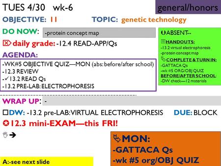 TUES 4/30 wk-6 OBJECTIVE: 11 TOPIC: genetic technology DO NOW :  daily grade: -12.4 READ-APP/Qs AGENDA: WRAP UP :  DW: -13.2 pre-LAB: VIRTUAL ELECTROPHORESIS.
