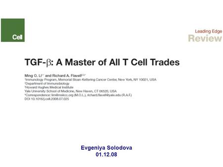 Evgeniya Solodova 01.12.08. Introduction: Regulatory cytokine transforming growth factor-β (TGF-β): - - is a secreted protein that exists in three isoforms.